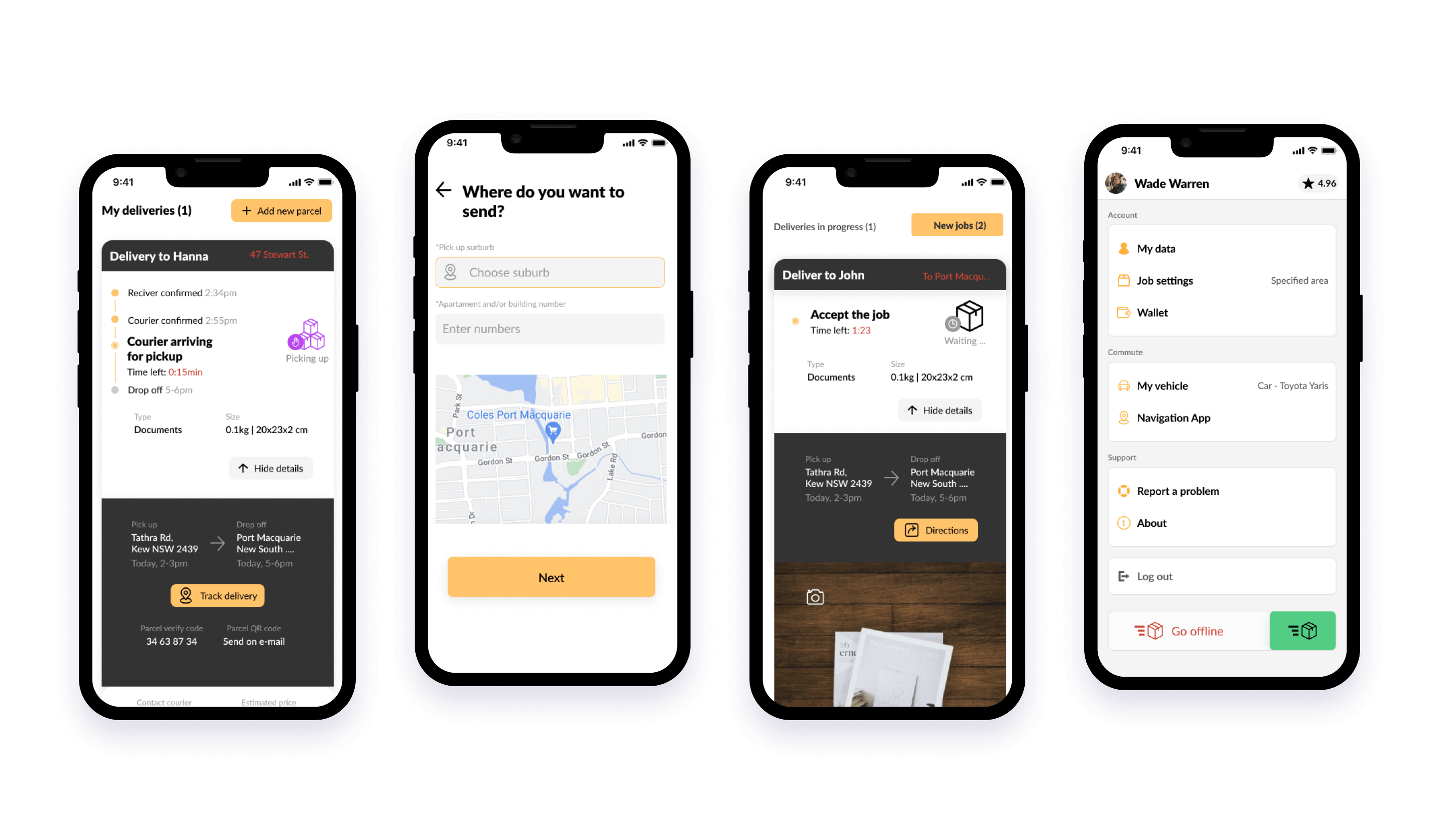 We wczesnej fazie projektowania skupiliśmy się na szybkim opublikowaniu pierwszej wersji produktu - zaprojektowaliśmy jedynie główne ekrany aplikacji mobilnej dla kuriera.