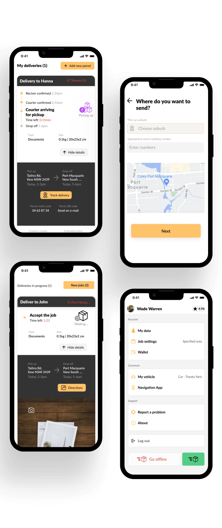 We wczesnej fazie projektowania skupiliśmy się na szybkim opublikowaniu pierwszej wersji produktu - zaprojektowaliśmy jedynie główne ekrany aplikacji mobilnej dla kuriera.