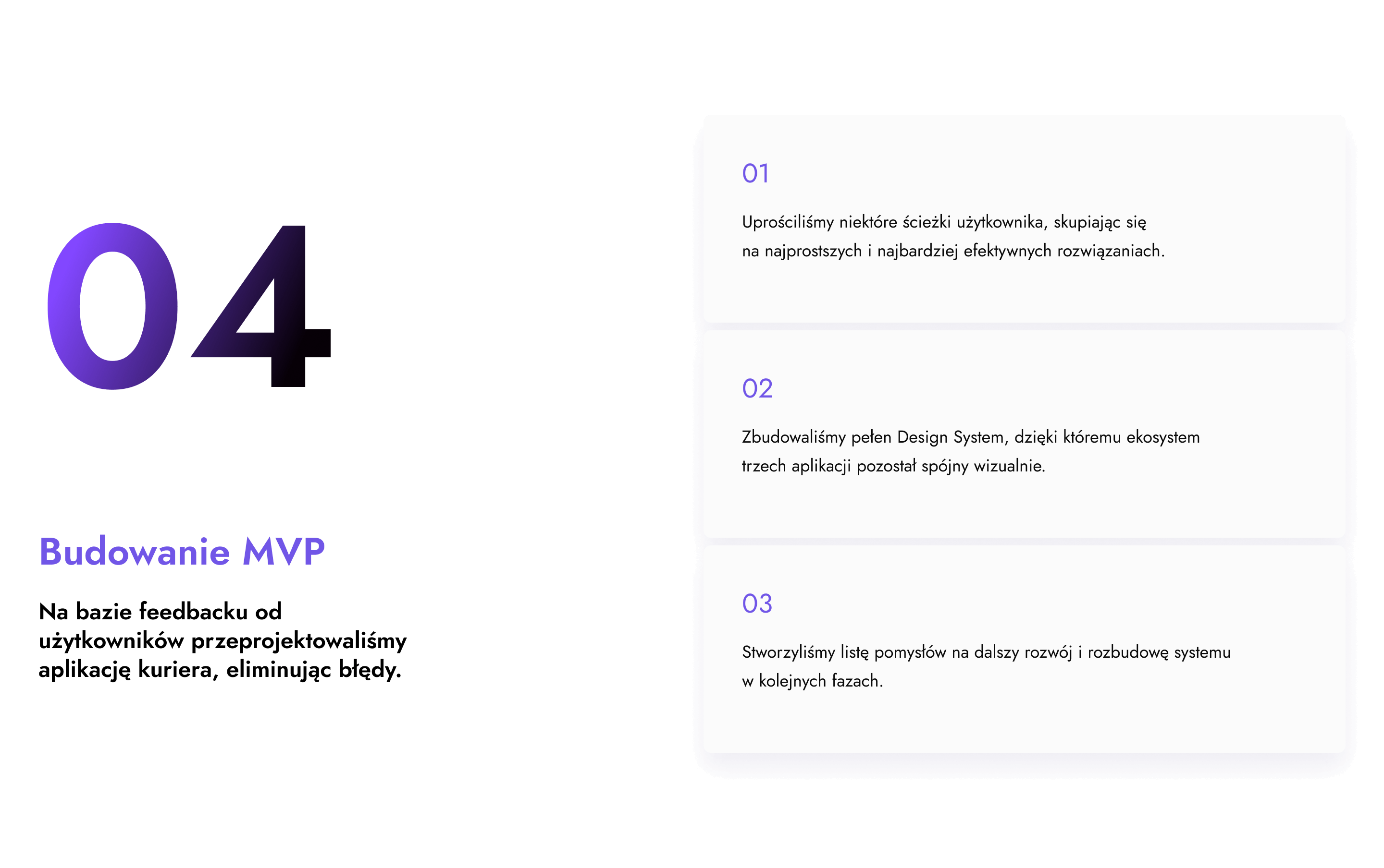 Etap 4 - budowanie MVP. Na podstawie feedbacku od użytkowników przeprojektowaliśmy aplikację kuriera, eliminując błędy. Stworzyliśmy tez listę pomysłów na dalszy rozwój i rozbudowę systemu w kolejnych fazach.