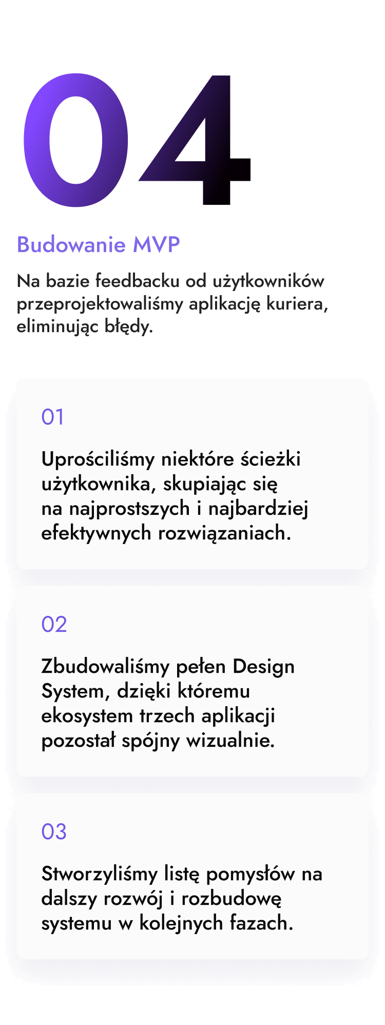 Etap 4 - budowanie MVP. Na podstawie feedbacku od użytkowników przeprojektowaliśmy aplikację kuriera, eliminując błędy. Stworzyliśmy tez listę pomysłów na dalszy rozwój i rozbudowę systemu w kolejnych fazach.