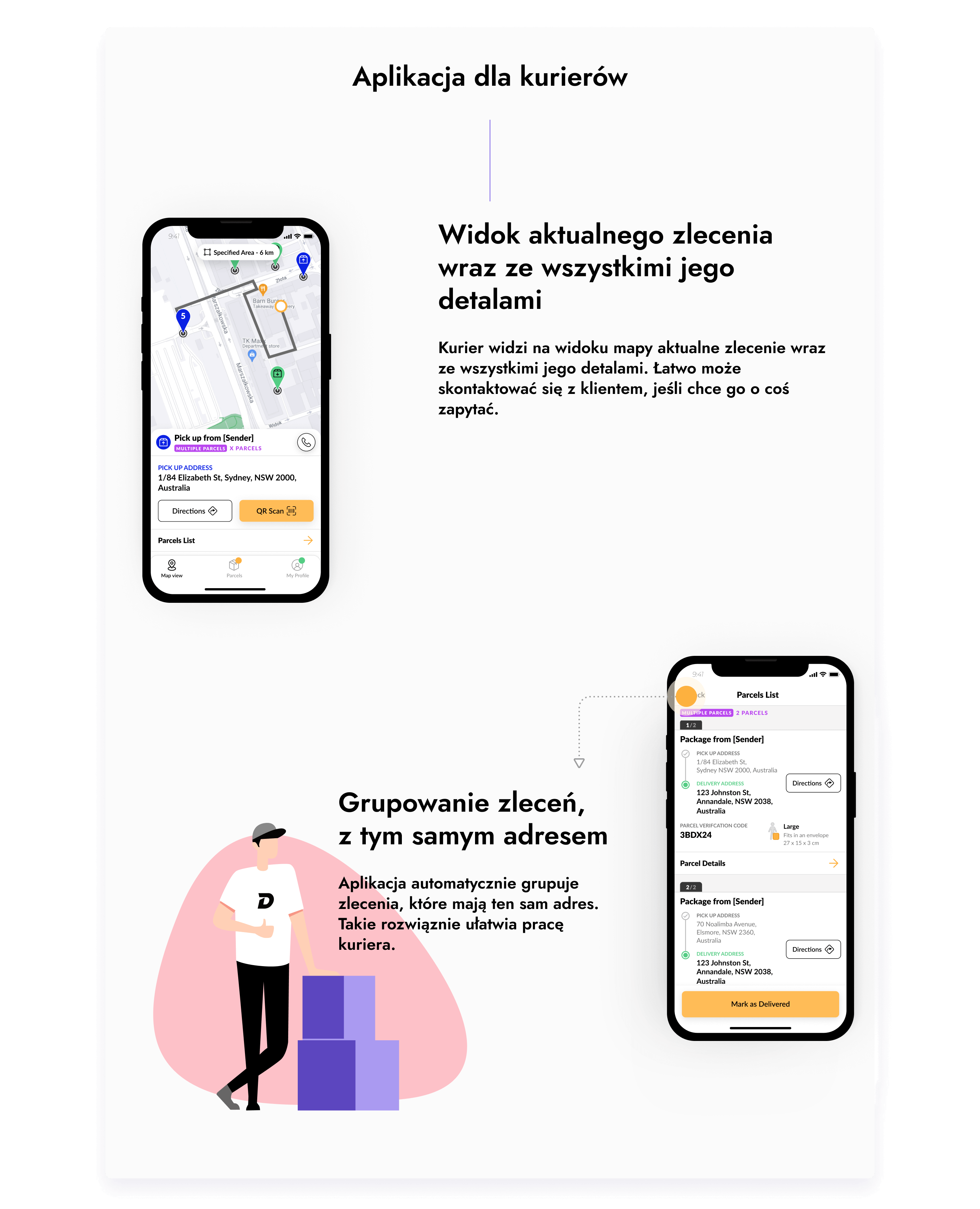 Aplikacja dla kurierów zawierała widok aktualnego zlecenia wraz z wszystkimi jego detalami. Dzięki temu, kurier może łatwo skontaktować się z klientem, jeśli chce o coś go zapytać.