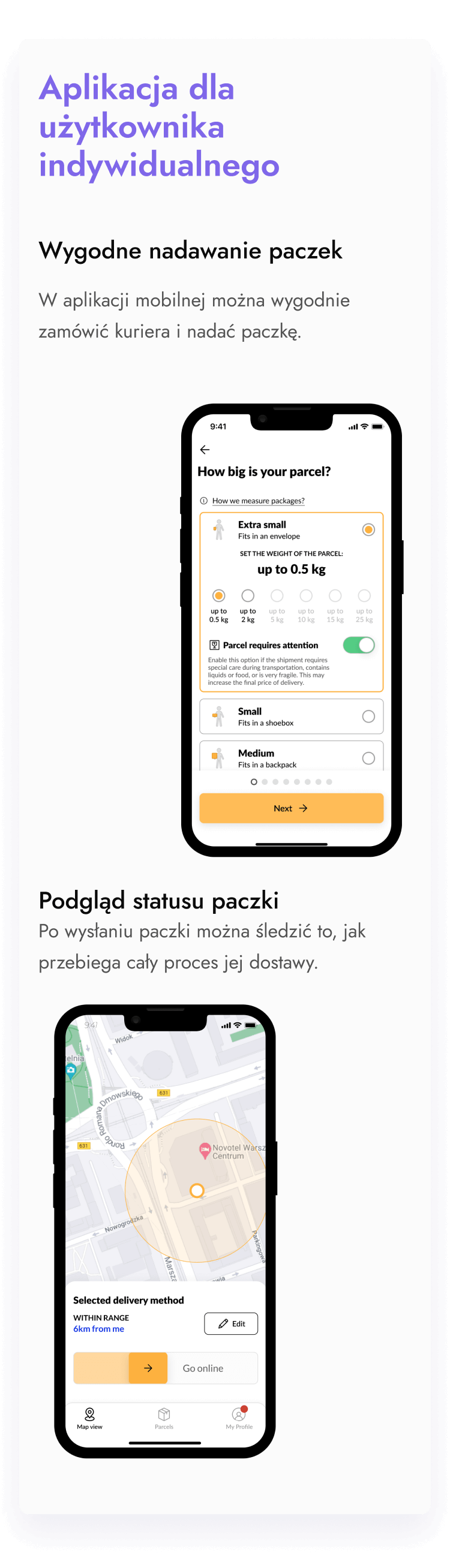 Aplikacja mobilna umożliwia wygodne nadawanie paczek użytkownikowi indywidualnemu. W aplikacji można wygodnie zamówić kuriera i nadać paczkę.
