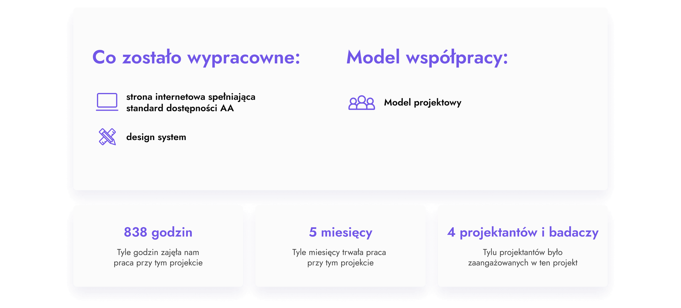 Opisujemy model współpracy w architekturze informacji w serwisie internetowym. Wypracowana została przez nas strona internetowa spełniająca standard dostępności AA i design system. Modelem współpracy był model projektowy. Praca przy tym projekcie zajęła nam 838 godzin, trwała 5 miesięcy, 4 projektantów i badaczy było zaangażowanych w ten projekt.