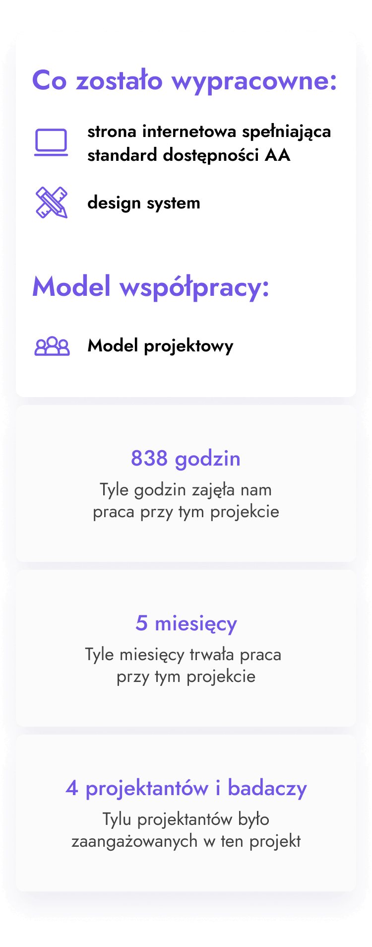 Opisujemy model współpracy w architekturze informacji w serwisie internetowym. Wypracowana została przez nas strona internetowa spełniająca standard dostępności AA i design system. Modelem współpracy był model projektowy. Praca przy tym projekcie zajęła nam 838 godzin, trwała 5 miesięcy, 4 projektantów i badaczy było zaangażowanych w ten projekt.