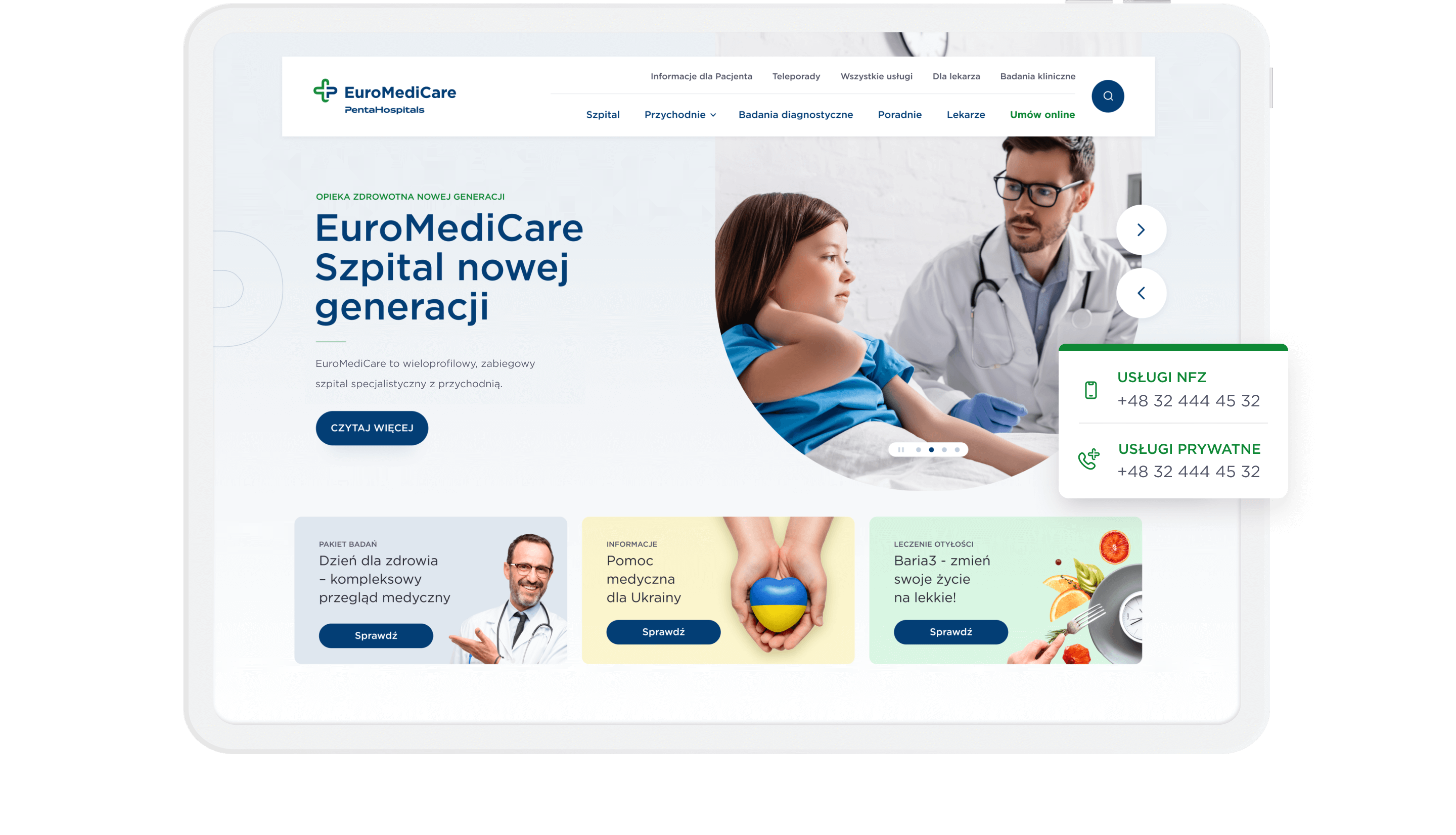 Zbudowaliśmy nową architekturę w serwisie internetowym. Zadbaliśmy o nową tożsamość oraz nową identyfikację marki EuroMediCare.