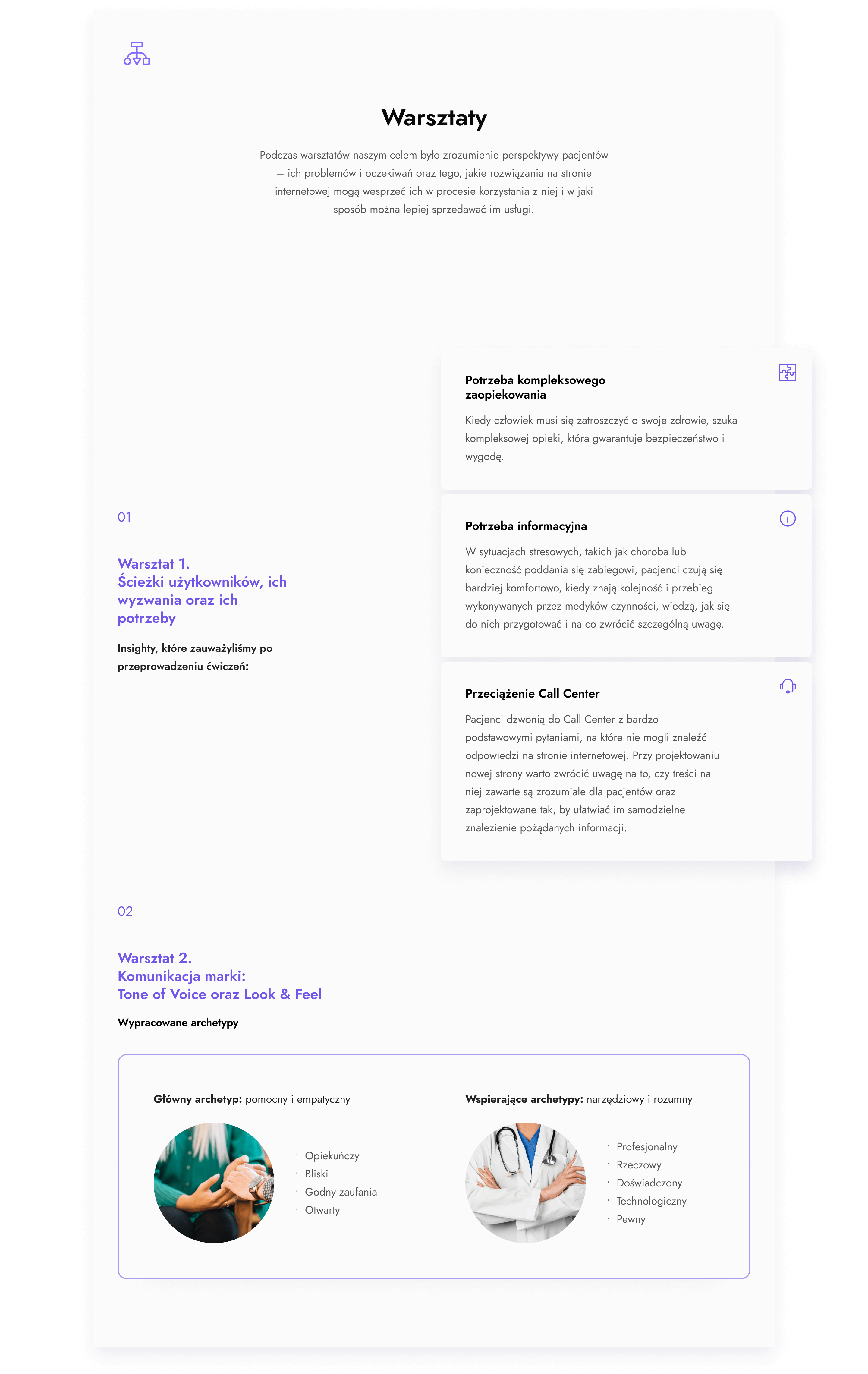 Celem warsztatów było zrozumienie perspektywy pacjentów (ich oczekiwań i problemów). Wyróżniliśmy ich trzy podstawowe potrzeby: potrzeba kompleksowego zaopiekowania, potrzeba informacyjna, przeciążenia Call Center.