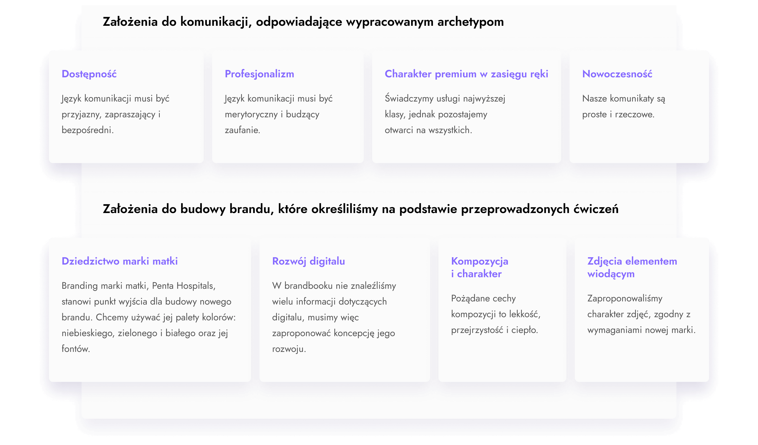 Założenia do komunikacji, odpowiadające wypracowanym na warsztacie archetypom : dostępność, profesjonalizm, charakter premium w zasięgu ręki, nowoczesność. Oraz założenia do budowy brandu, które określiliśmy na podstawie określonych ćwiczeń: dziedzictwo marki matki, rozwój digitalu, kompozycja i charakter, zdjęcia elementem wiodącym.