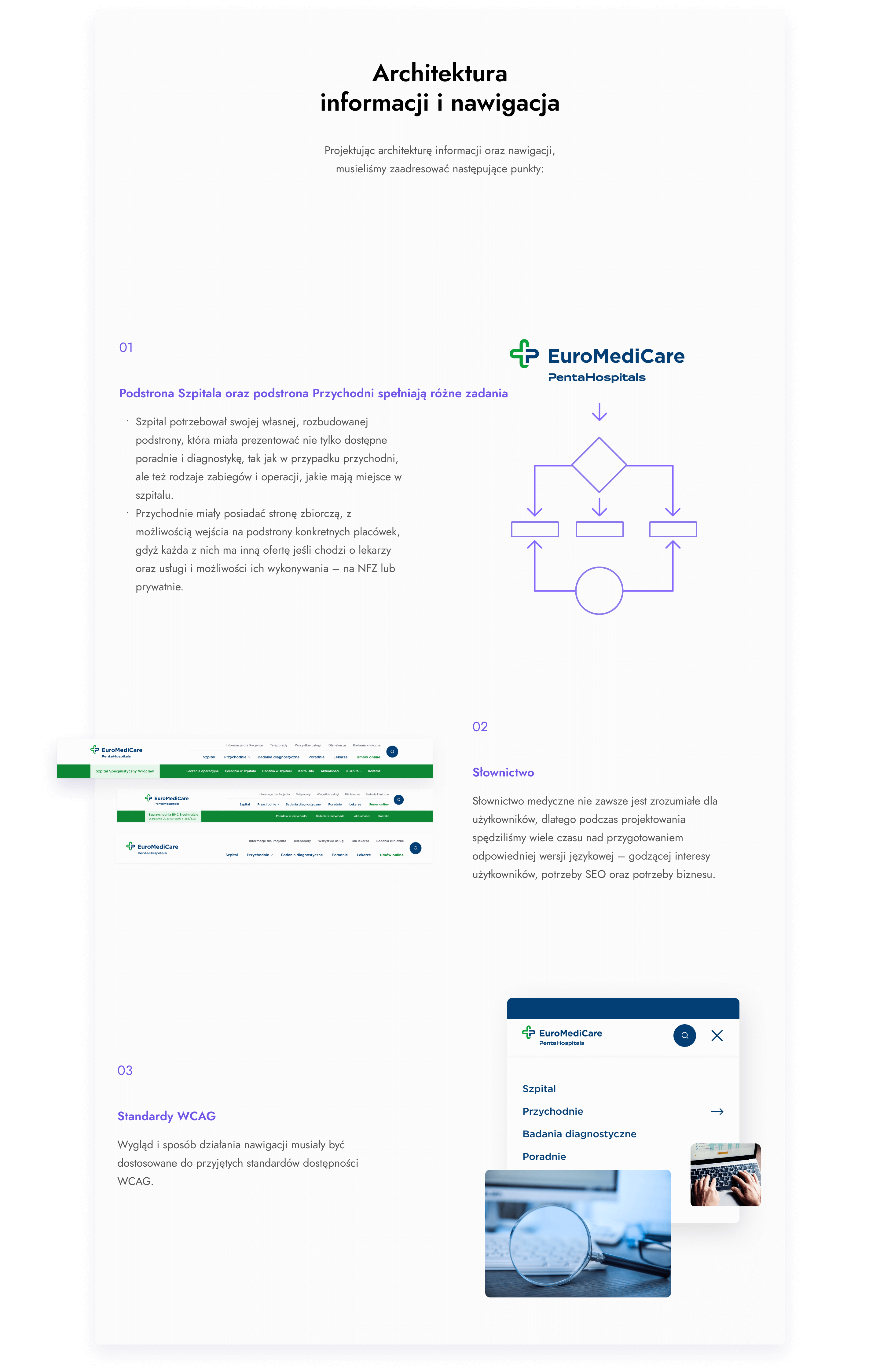 Projektując architekturę informacji oraz nawigacji, musieliśmy zaadresował następujące punkty: - Podstrona szpitala oraz podstrona przychodni spełniają różne zadania; - Słownictwo; - Standardy WCAG;