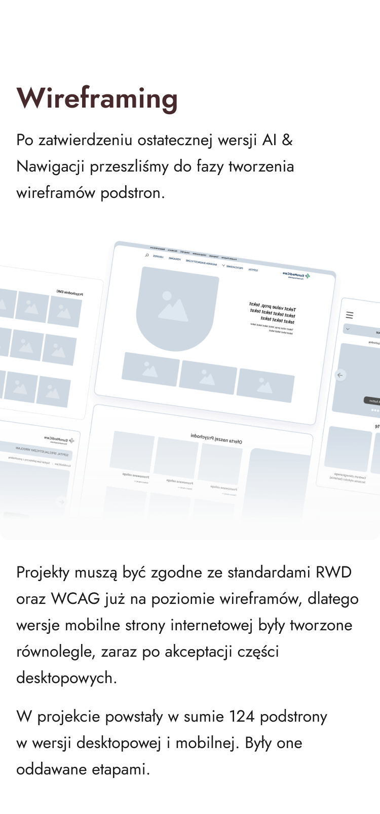 Wireframing - faza tworzenia wireframów podstron. W projekcie powstały w sumie 124 podstrony desktopowej i mobilnej.